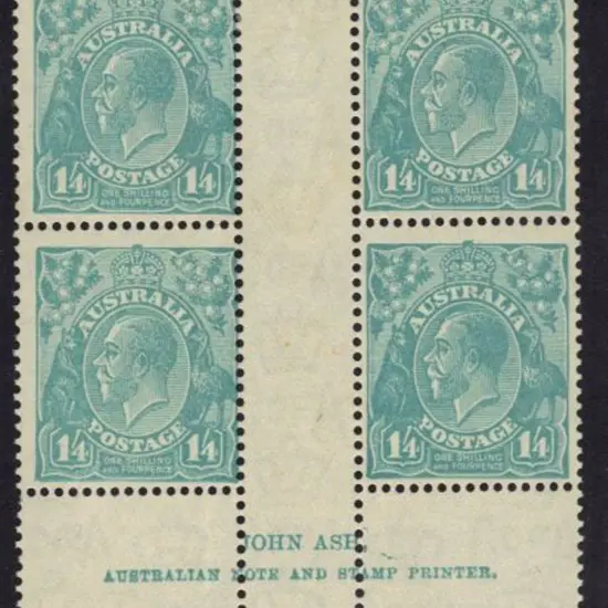 1/4d greenish blue John Ash imprint block of 4 MLH ...