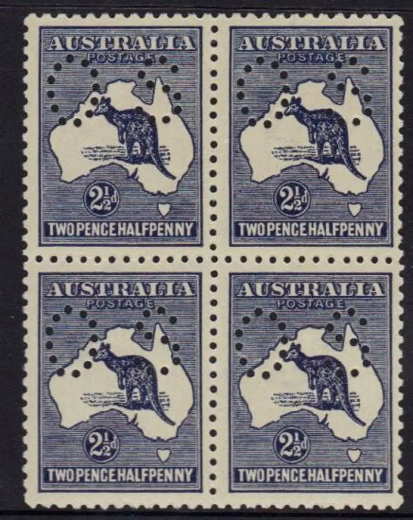 1915 2½d indigo kangaroo block of 4 perfined small ... Image 1++