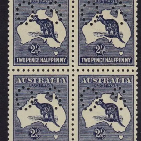 1915 2½d indigo kangaroo block of 4 perfined small ...