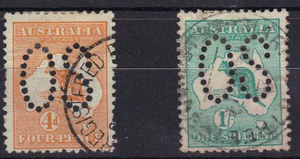 1913 4d orange & 1/- emerald kangaroos perfined ... Image 1++
