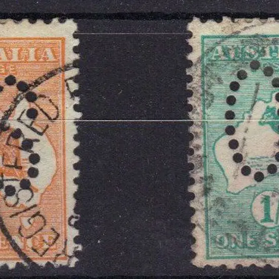 1913 4d orange & 1/- emerald kangaroos perfined ...