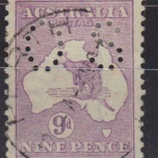 1915 9d violet kangaroo perfined small OS. F/U SG ...