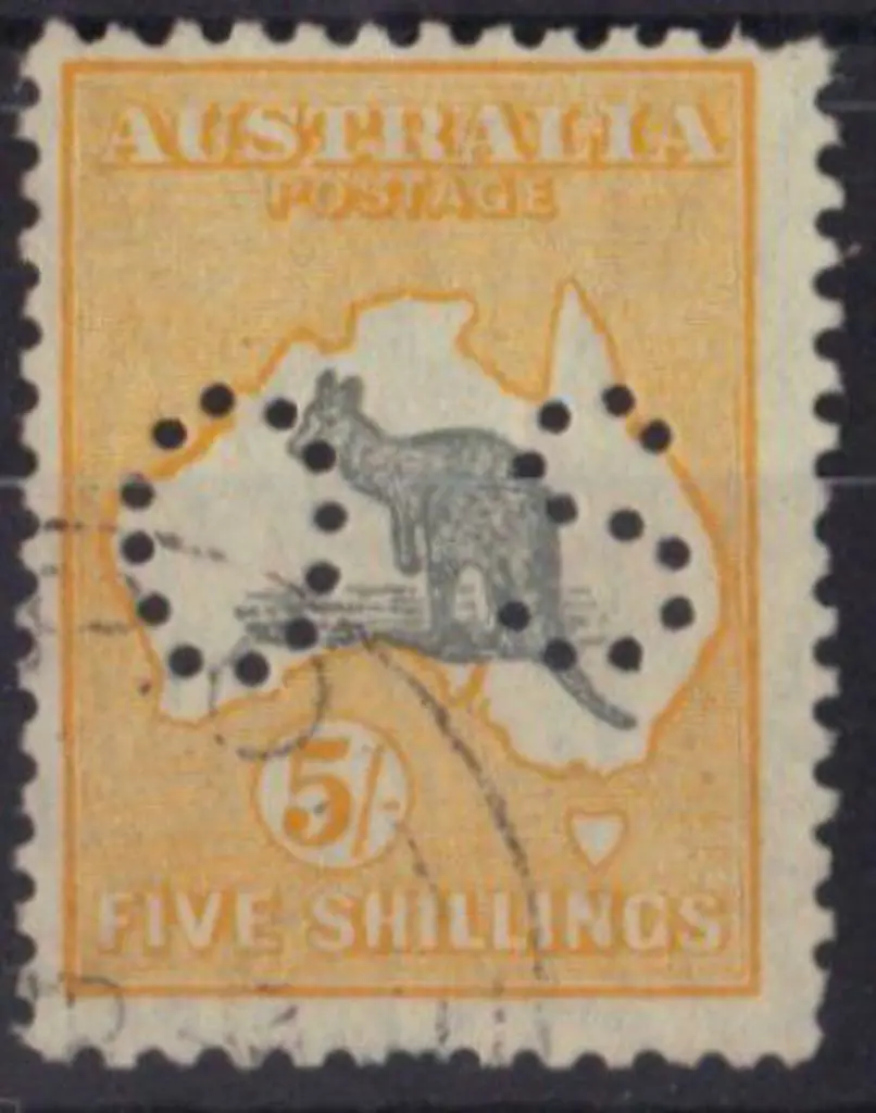1915 5/- grey & yellow kangaroo perfined small OS. ... Image 1++