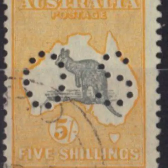 1915 5/- grey & yellow kangaroo perfined small OS. ...