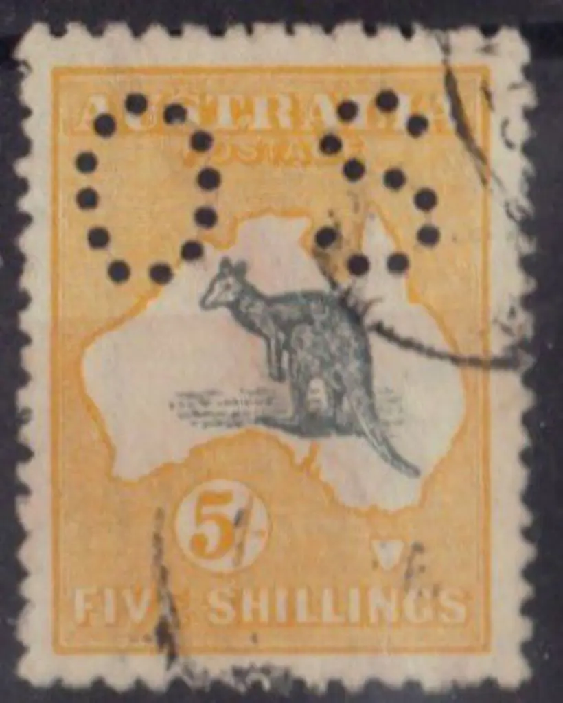 1915 5/- grey & yellow kangaroo perfined small OS. ... Image 1++