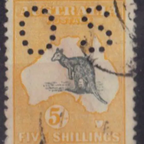 1915 5/- grey & yellow kangaroo perfined small OS. ...