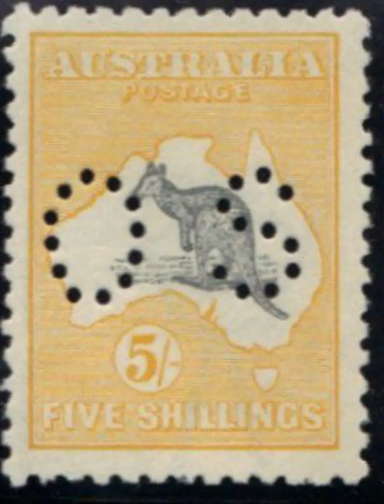 1915 5/- grey & yellow kangaroo perfined small OS. ... Image 1++