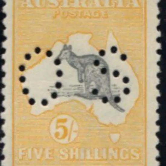 1915 5/- grey & yellow kangaroo perfined small OS. ...