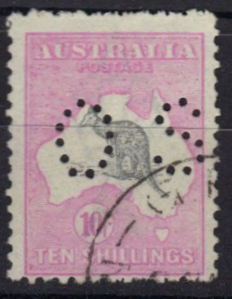 1915 10/- grey & pink kangaroo perfined OS. ... Image 1++