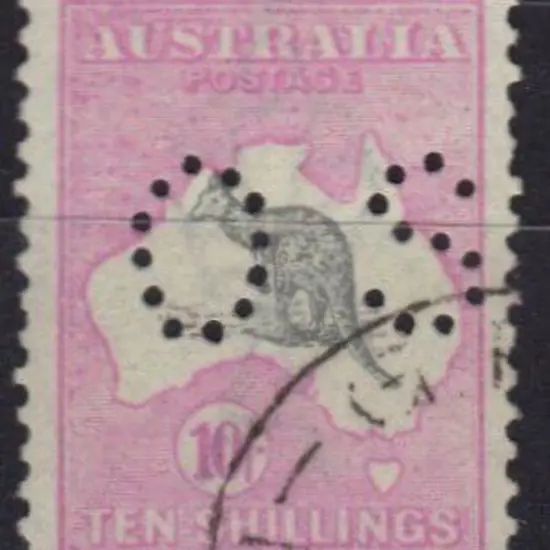1915 10/- grey & pink kangaroo perfined OS. ...