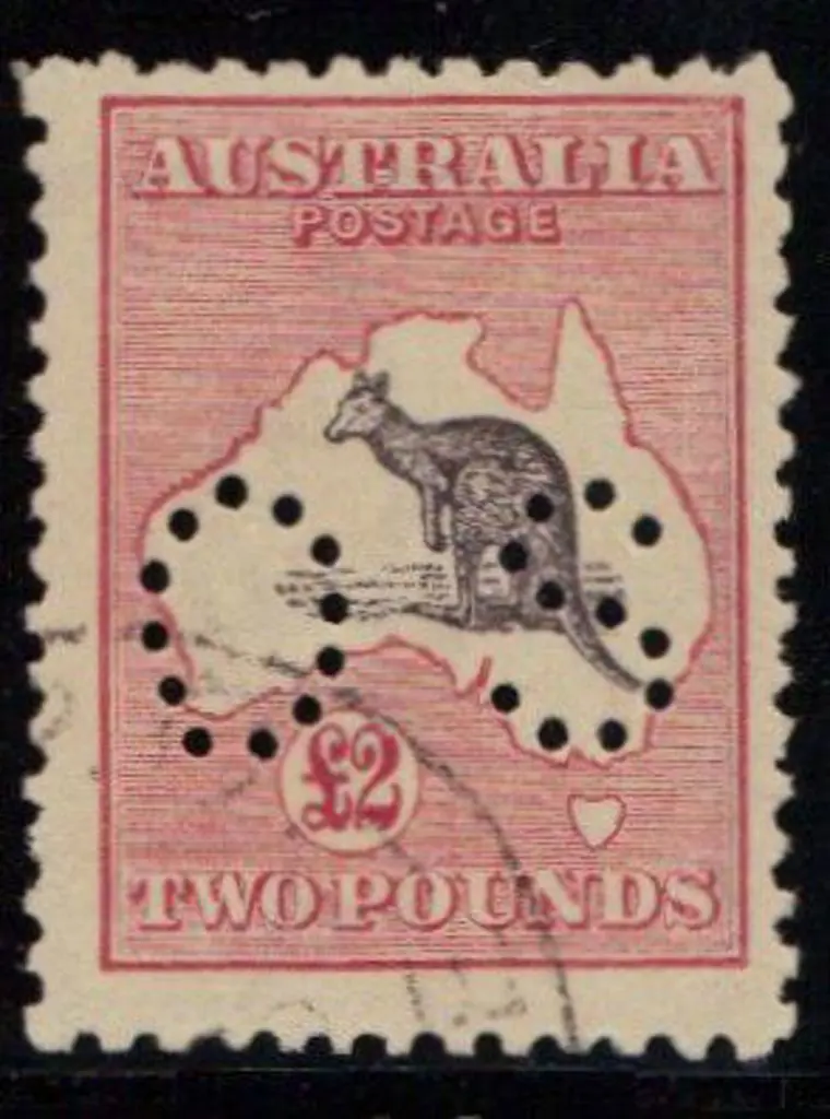 1915 £2 black & rose kangaroo perfined small "OS" ... Image 1++