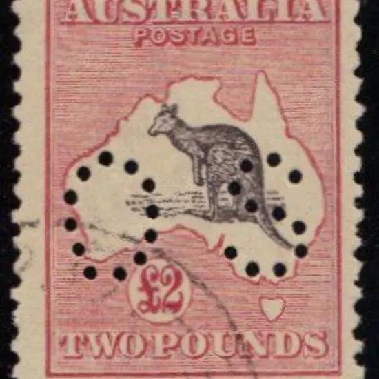 1915 £2 black & rose kangaroo perfined small "OS" ...