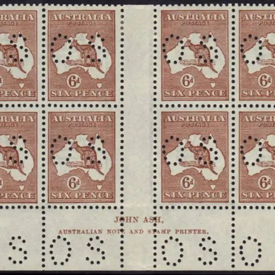 1923 6d chestnut kangaroo John Ash imprint gutter ...