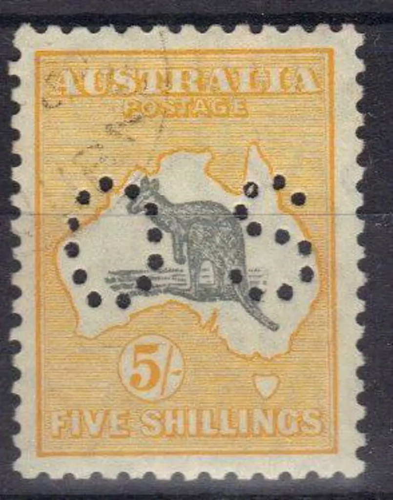 1929 5/- grey & yellow kangaroo perfined small OS. ... Image 1++