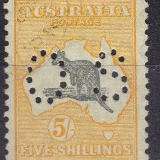1929 5/- grey & yellow kangaroo perfined small OS. ...