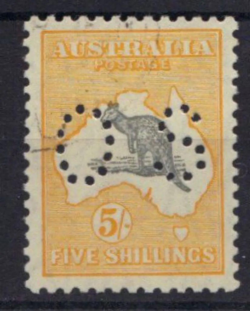 1929 5/- grey & yellow kangaroo perfined small OS ... Image 1++