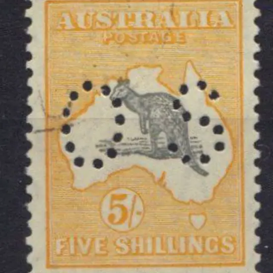 1929 5/- grey & yellow kangaroo perfined small OS ...
