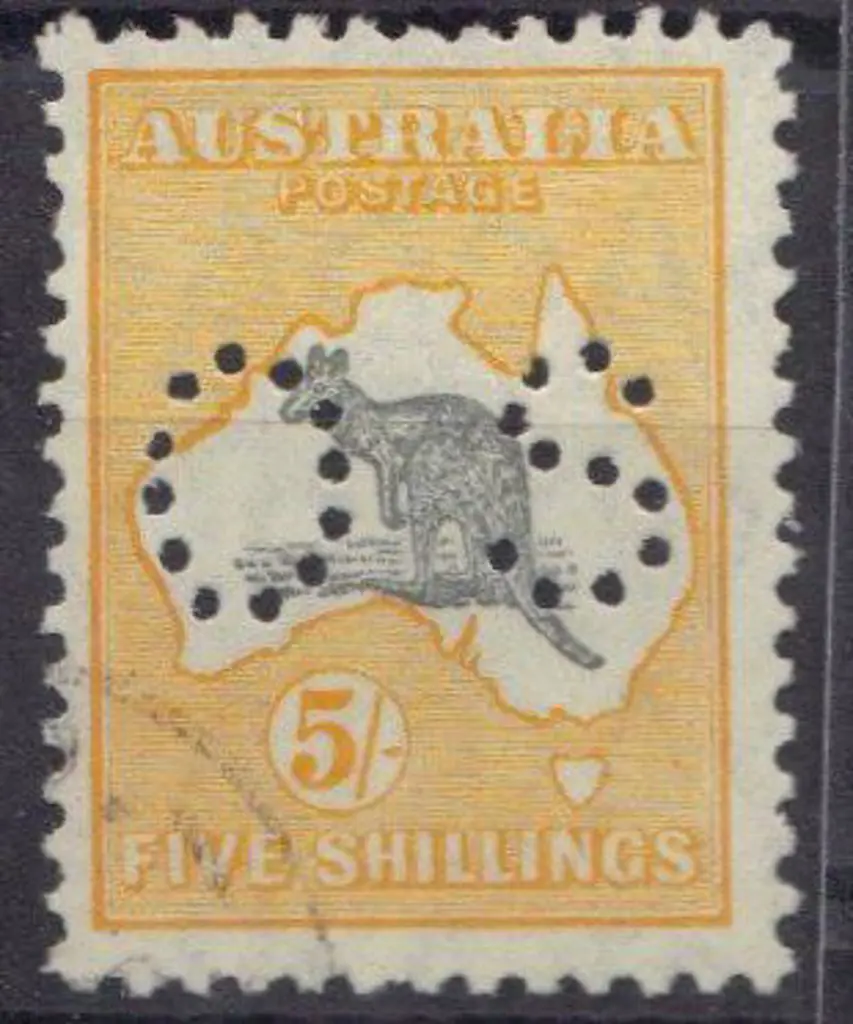 1929 5/- grey & yellow kangaroo perfined small OS. ... Image 1++