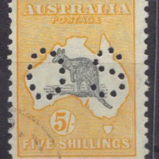 1929 5/- grey & yellow kangaroo perfined small OS. ...