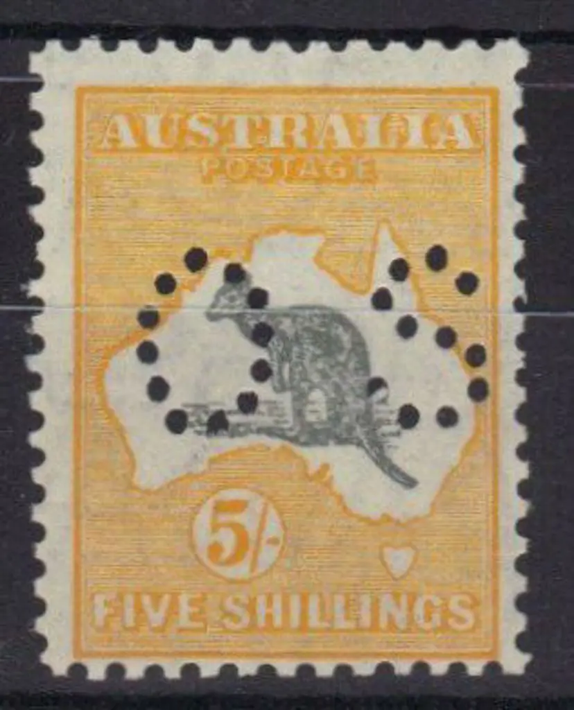 1929 5/- grey & yellow kangaroo perfined small OS. ... Image 1++