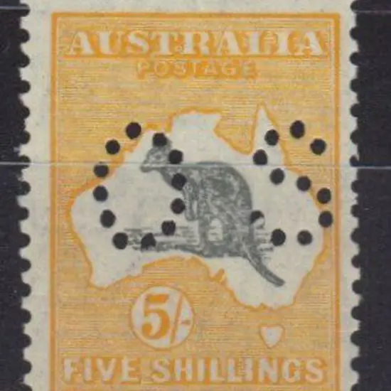 1929 5/- grey & yellow kangaroo perfined small OS. ...