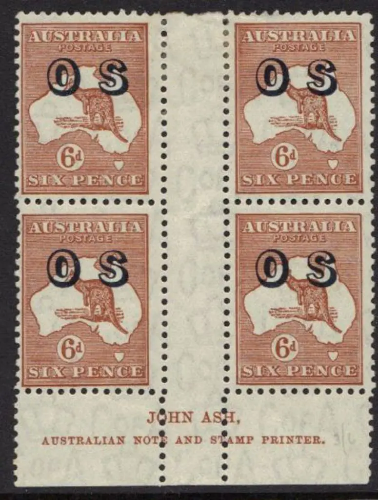 1932 6d chestnut ovpt OS John Ash gutter block of ... Image 1++