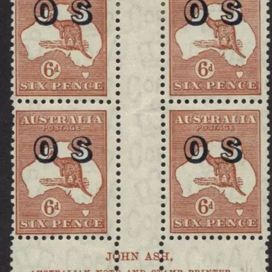 1932 6d chestnut ovpt OS John Ash gutter block of ...
