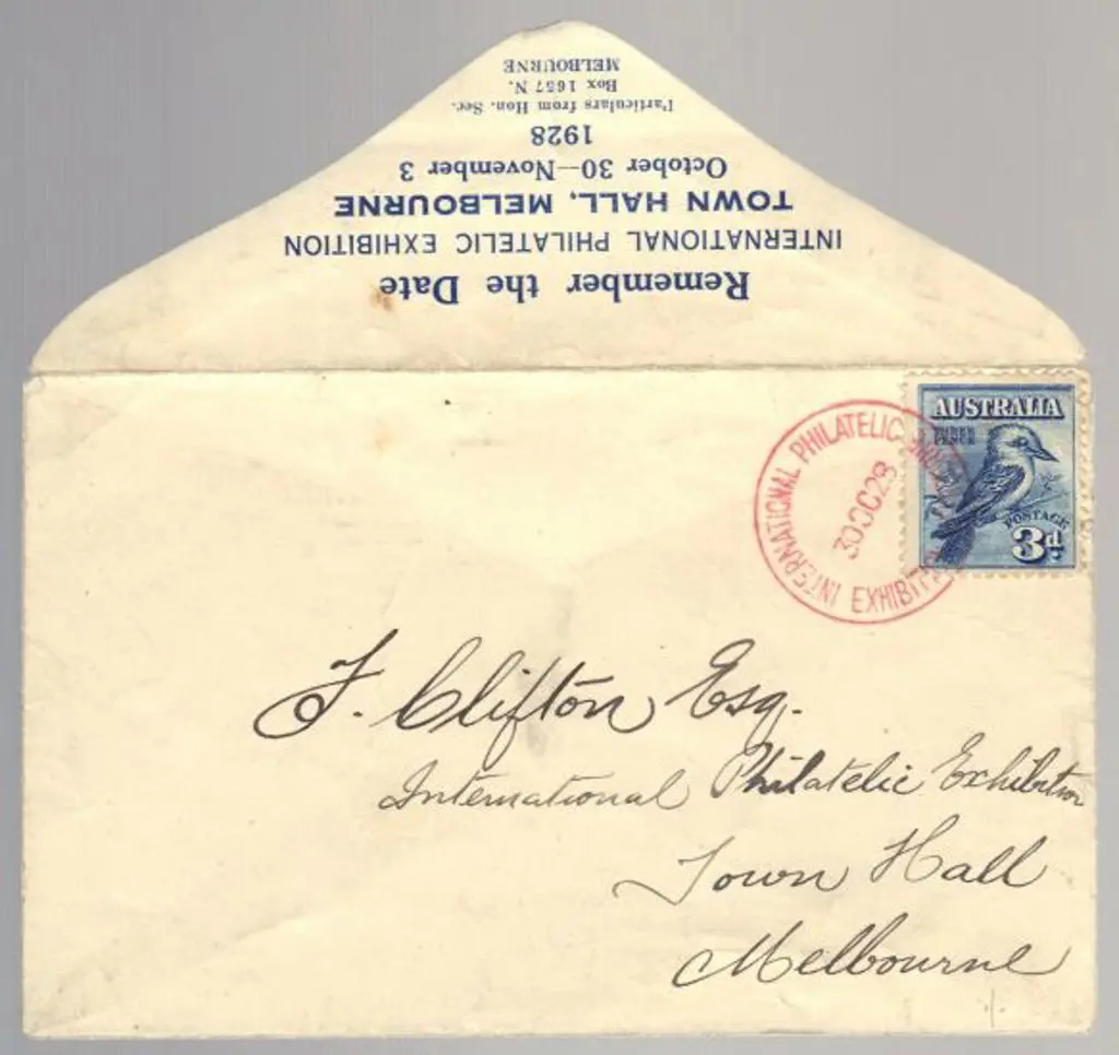 1928 (30th Oct) 3d kookaburra on Exhibition env ... Image 1++