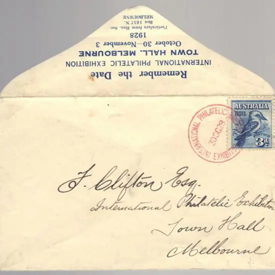1928 (30th Oct) 3d kookaburra on Exhibition env ...