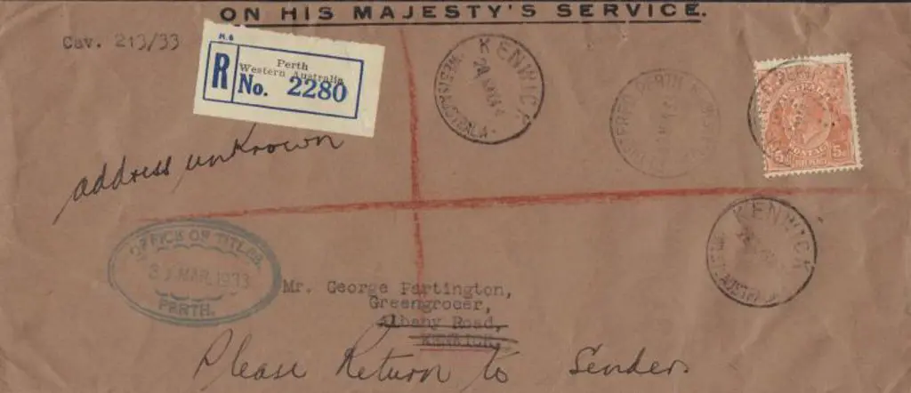 1933 (30th Mar) OHMS Registered with Perth, black ... Image 1++