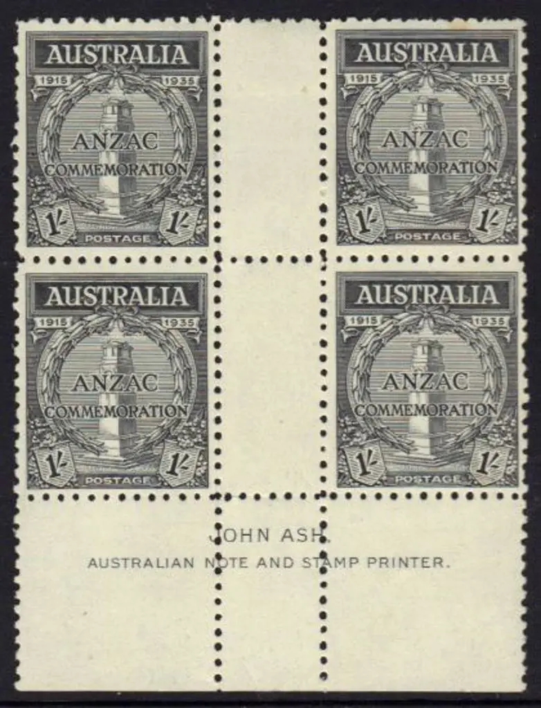 1935 1/- Anzac in John Ash gutter imprint block of ... Image 1++