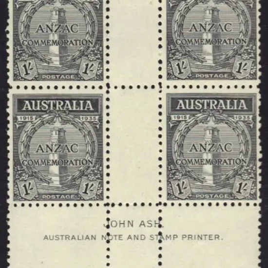 1935 1/- Anzac in John Ash gutter imprint block of ...