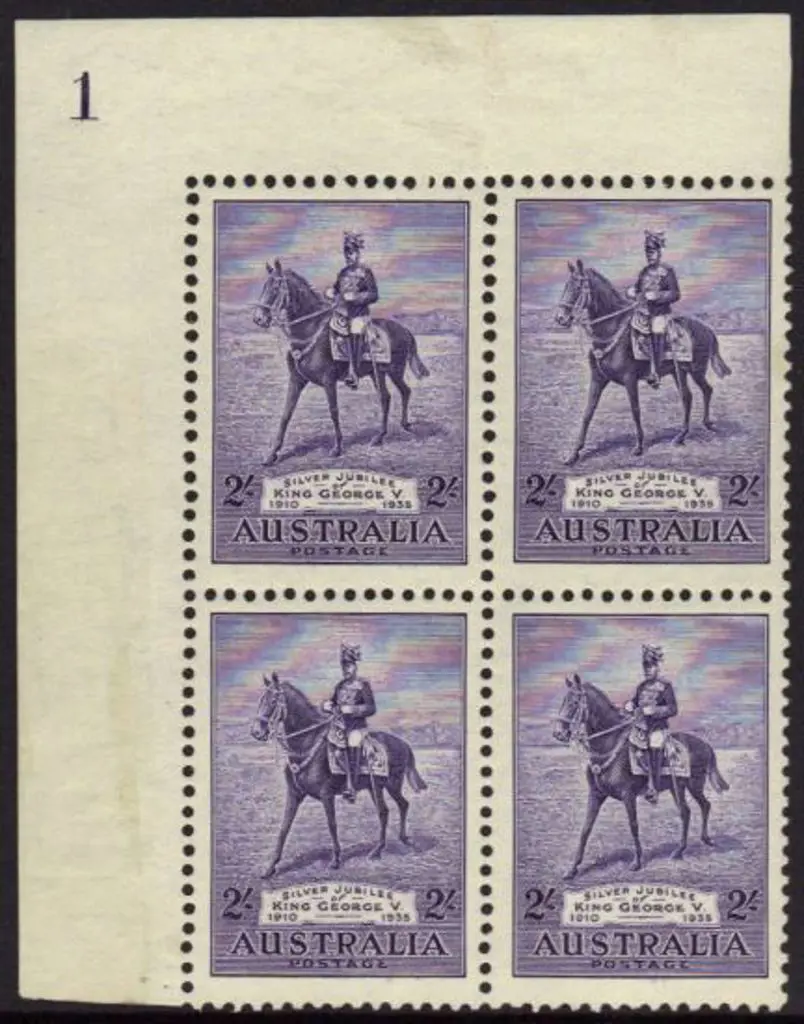 1935 2/- Silver Jubilee plate 1 (UL) block of 4, ... Image 1++