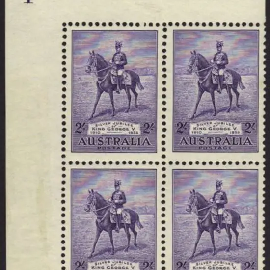 1935 2/- Silver Jubilee plate 1 (UL) block of 4, ...