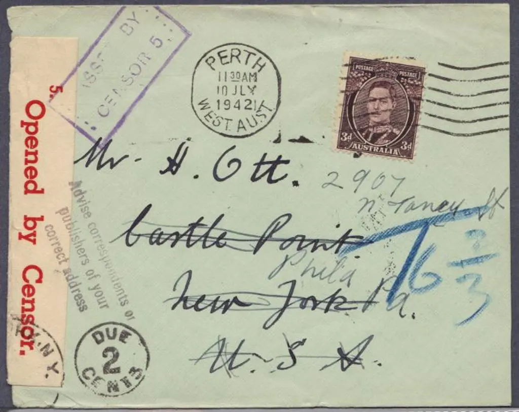 1942 (10th July) Perth slogan on 3d KGVI Censor ... Image 1++