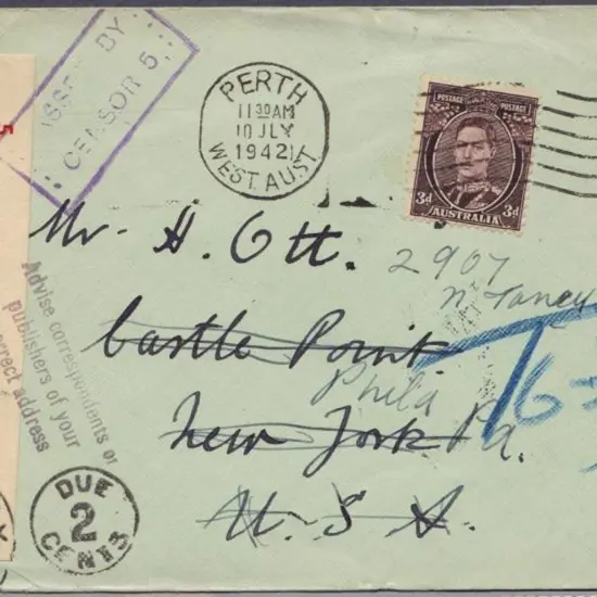 1942 (10th July) Perth slogan on 3d KGVI Censor ...