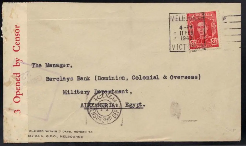 1943 (11th Feb) Censor cover to Barclays Bank, ... Image 1++
