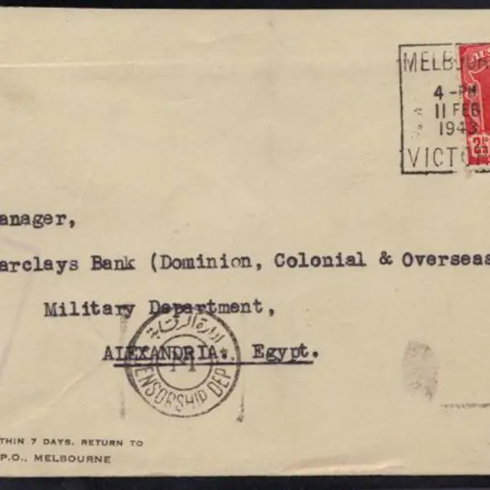 1943 (11th Feb) Censor cover to Barclays Bank, ...