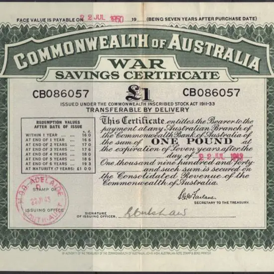 1943 £1 War Savings Certificate franked 1943 with ...