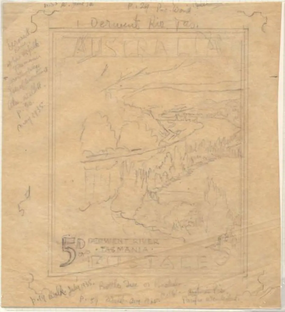 1947 5d Derwent River preliminary pencil drawing ... Image 1++