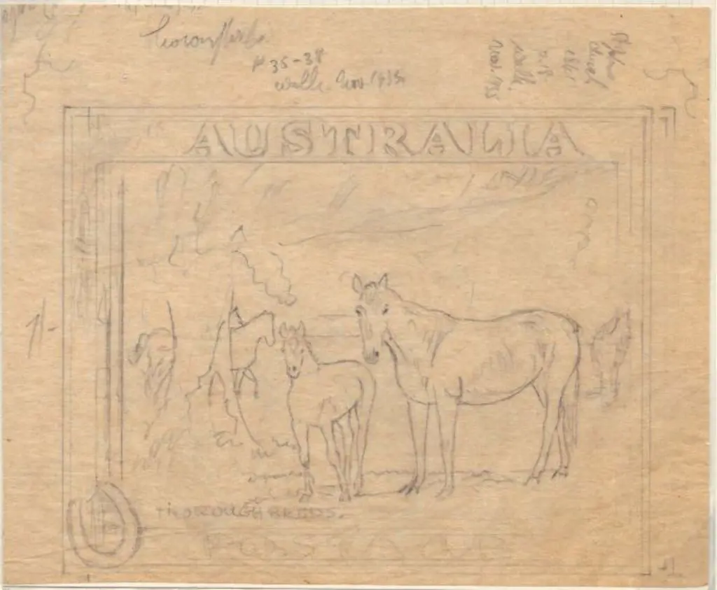 1947 1/- Horses preliminary pencil drawing with ... Image 1++