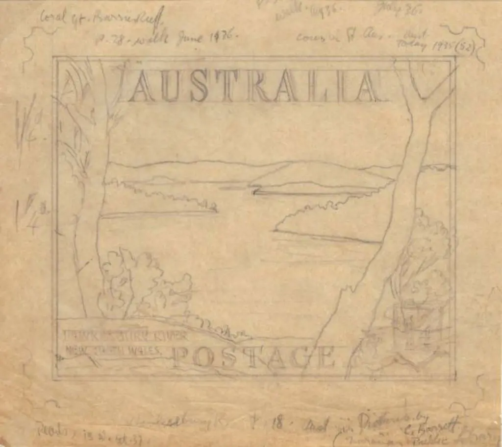 1947 1/4d Hawkesbury River pencil drawing again ... Image 1++