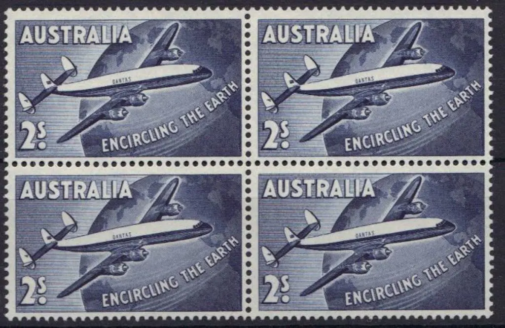 1958 2/- Qantas re-entry flaw in MUH block of 4. ... Image 1++