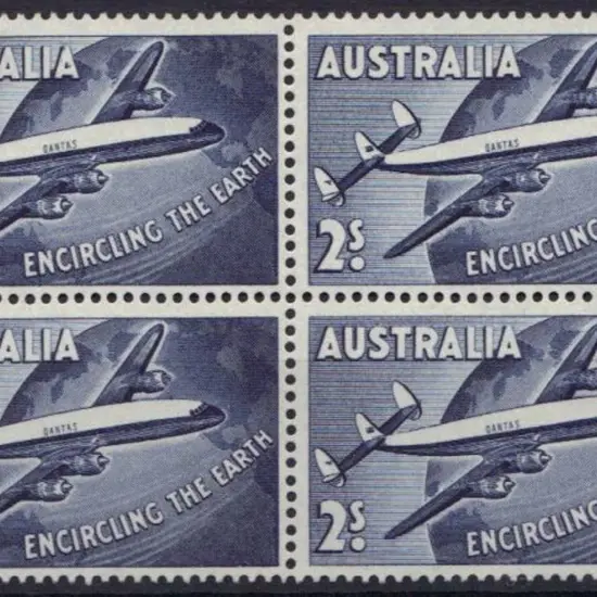 1958 2/- Qantas re-entry flaw in MUH block of 4. ...