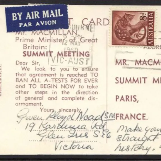 1960 Pre-printed ppc to MacMillan, GB Prime ...
