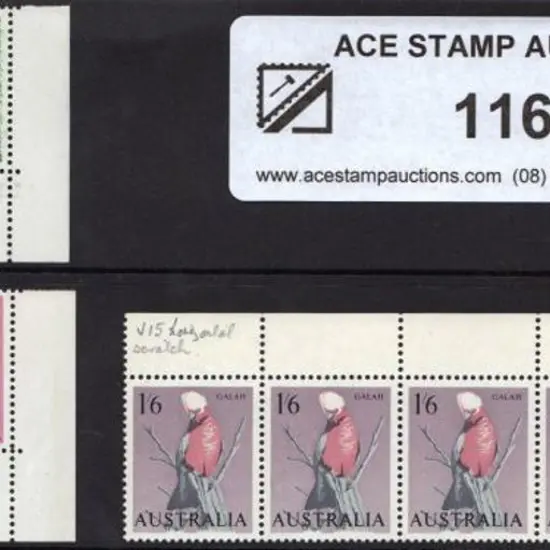 1965 1/6d Galah marginal strip of 5 with "sloping ...