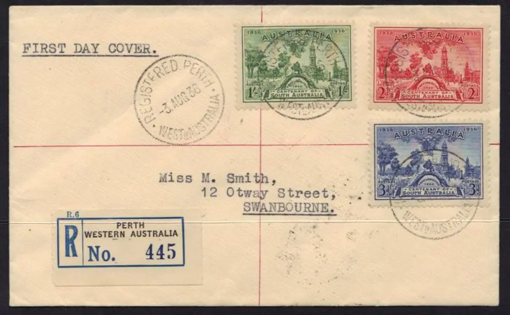 1936 (3rd Aug) South Aust Centenary set of 3 on ... Image 1++