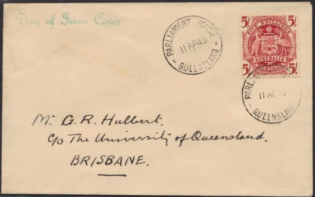 1949 (11th April) 5/- Arms on FDC hand addressed ... Image 1++