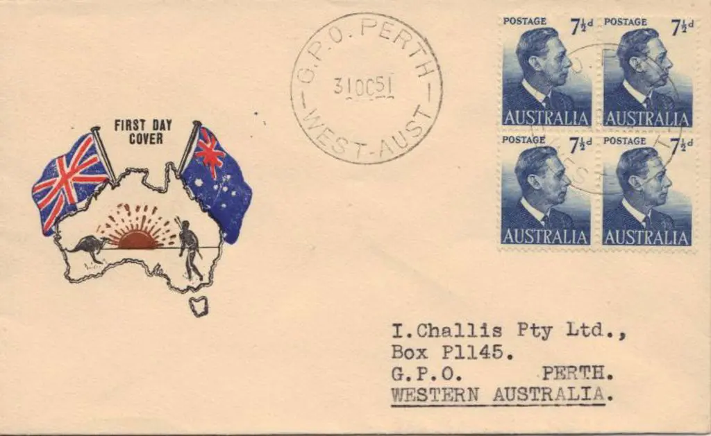 1951 (31st Oct) 7½d KGVI block of 4 on Challis FDC ... Image 1++