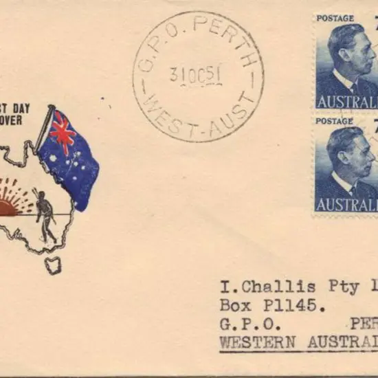1951 (31st Oct) 7½d KGVI block of 4 on Challis FDC ...